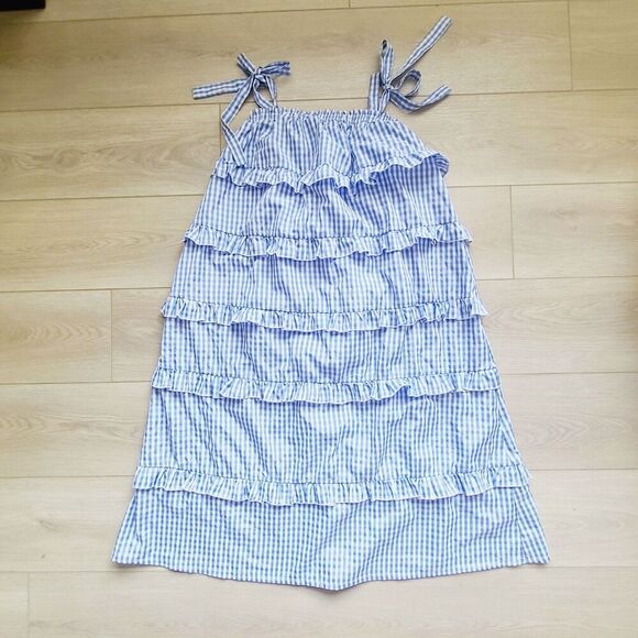 English Factory Dress M Blue White Gingham Tiered Ruffle Tie Shoulder‎ Maxi - Picture 3 of 6